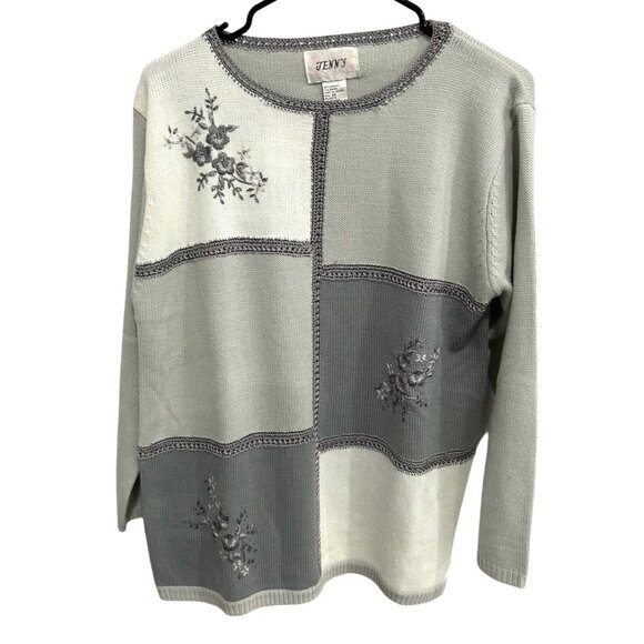 Vintage Jenny Patchwork Knit Sweater Floral Embroidery Gray White Size M - Picture 1 of 9